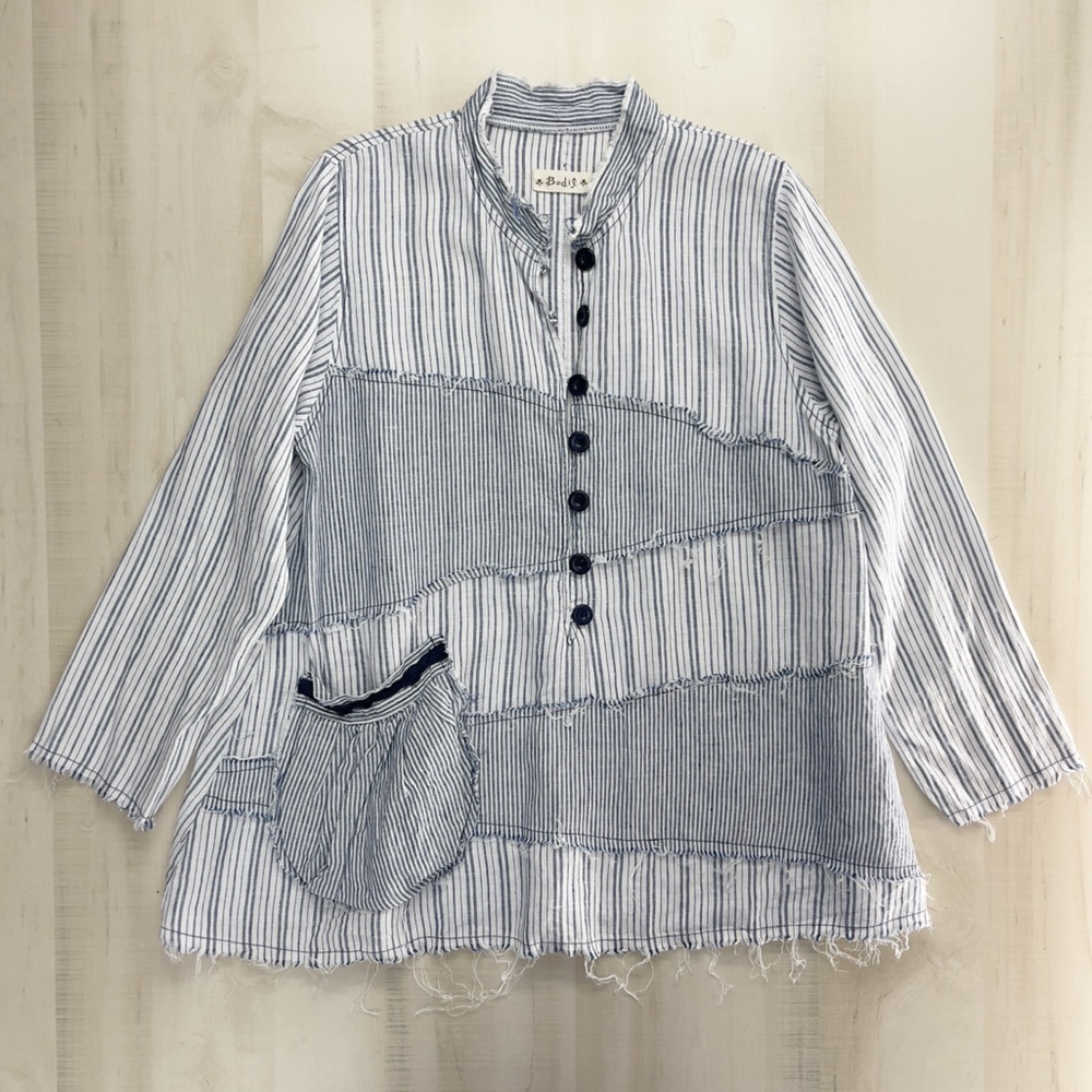 BODIL striped patchwork pocket tunic top blouse lagenlook linen blue XL art work
